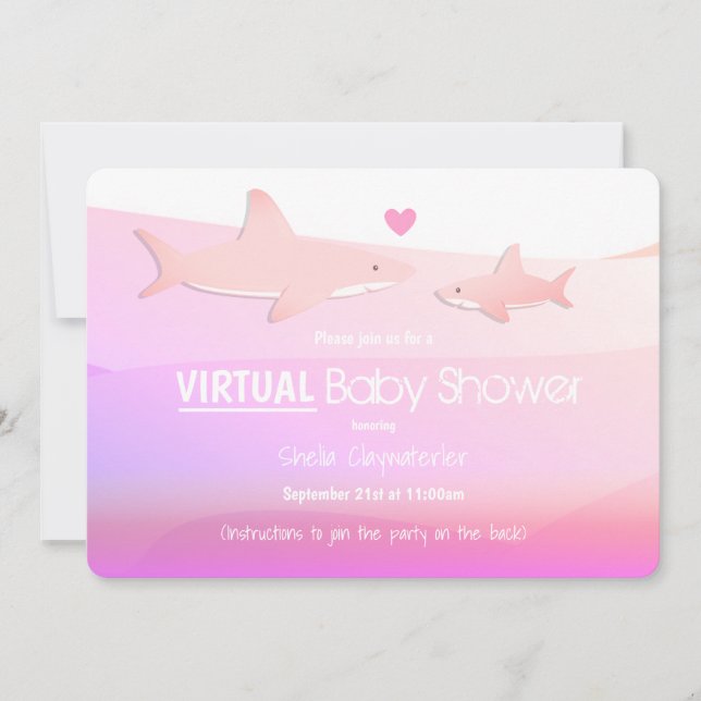 Virtual Baby Shower Pink Ocean Shark Cartoon Invitation (Front)
