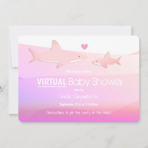 Virtual Baby Shower Pink Ocean Shark Cartoon Invitation