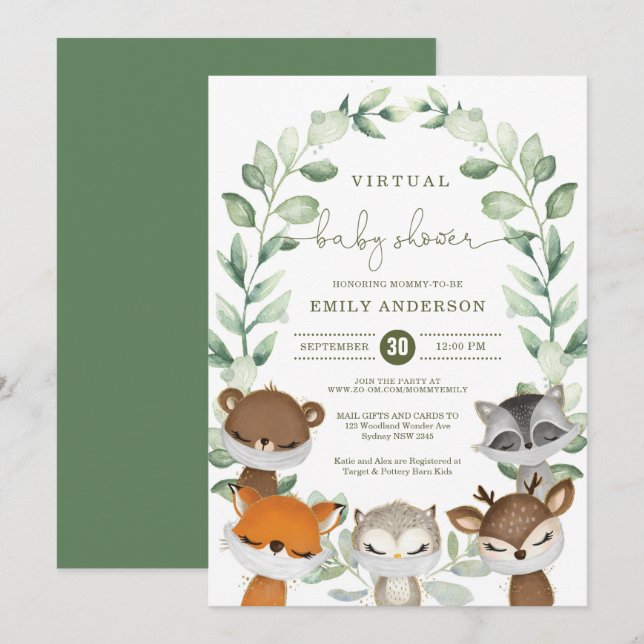 Virtual Baby Shower Quarantine Woodland Animals Invitation (Front/Back)