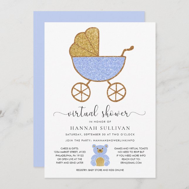 Virtual Baby Shower Retro Carriage Glitter Blue Invitation (Front/Back)