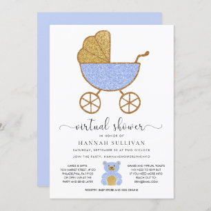 Virtual Baby Shower Retro Carriage Glitter Blue Invitation