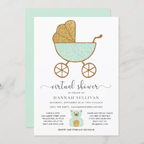 Virtual Baby Shower Retro Carriage Glitter Mint Invitation