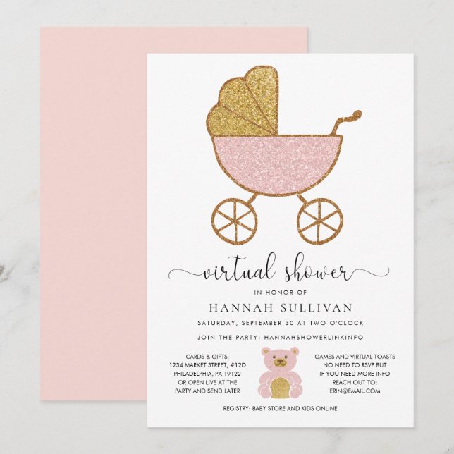 Virtual Baby Shower Retro Carriage Glitter Pink Invitation (Front/Back)