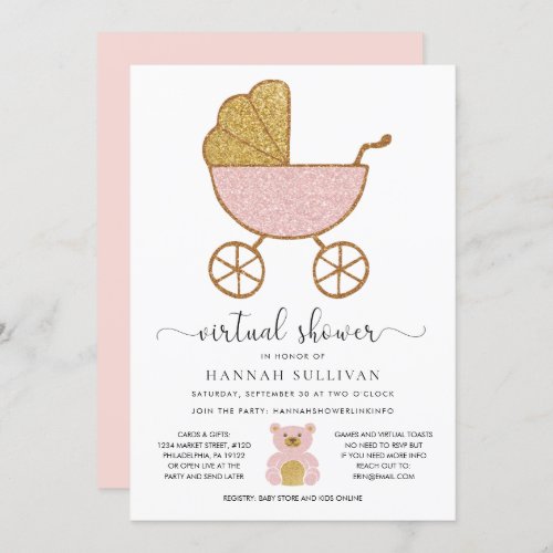 Virtual Baby Shower Retro Carriage Glitter Pink Invitation