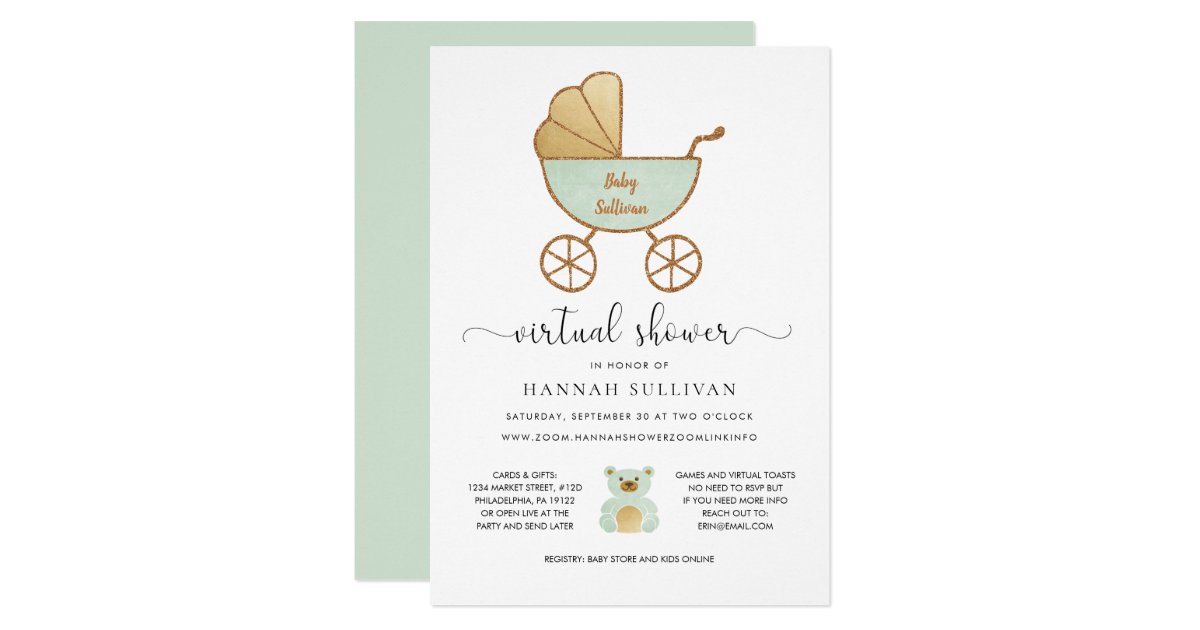 Virtual Baby Shower Retro Carriage Green Gold Invitation Zazzle
