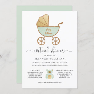 Virtual Baby Shower Retro Carriage Green Gold Invitation