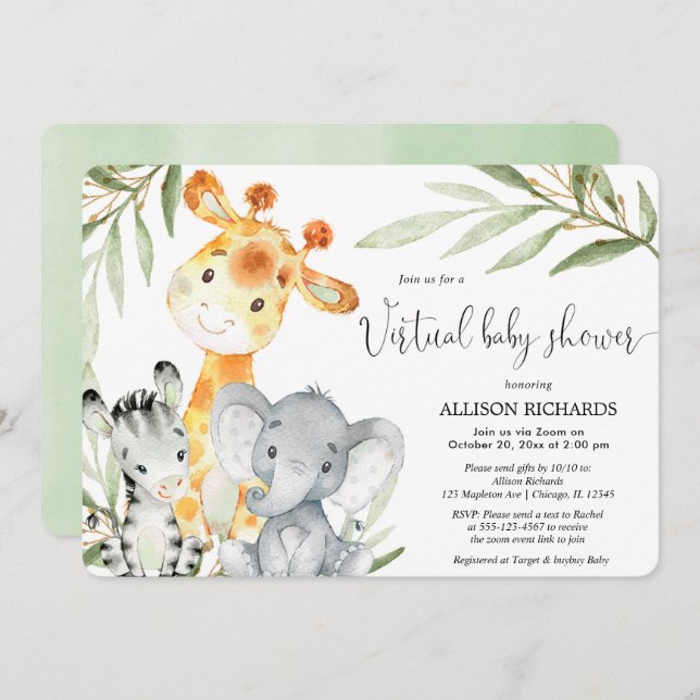 Virtual Baby Shower safari animals gender neutral Invitation (Front/Back)