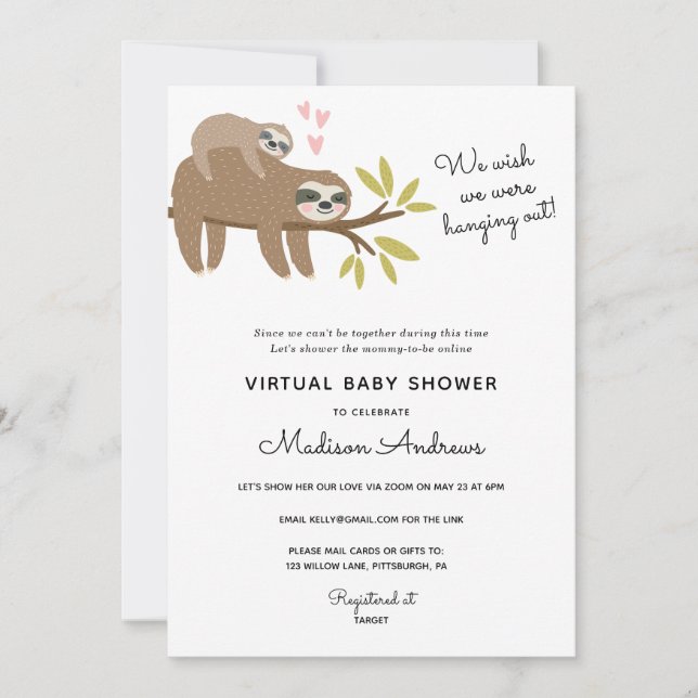 Virtual Baby Shower Sloth Invitation (Front)