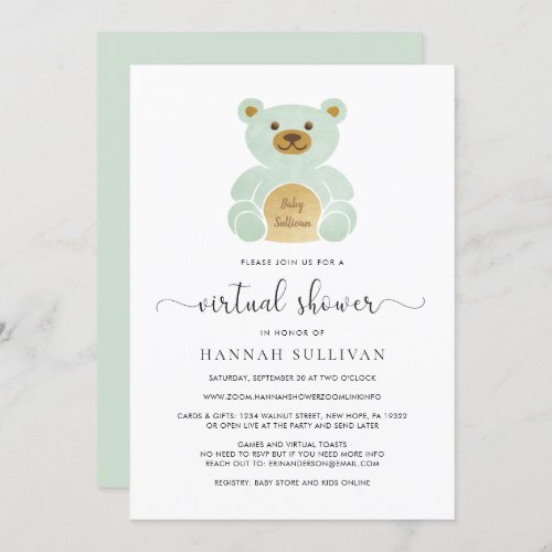 Virtual Baby Shower Teddy Bear Green Gold Minimal Invitation