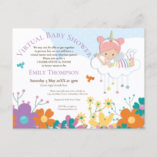 Virtual Baby Shower Unicorn Fairy Birds Florals Invitation Postcard