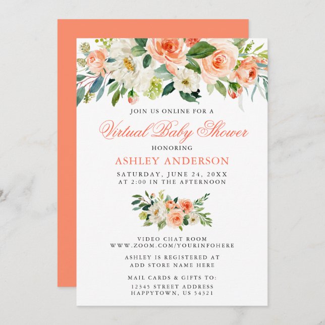 Virtual Baby Shower Watercolor Coral Floral Invitation (Front/Back)