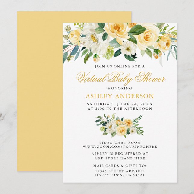 Virtual Baby Shower Watercolor Yellow Floral Invitation (Front/Back)