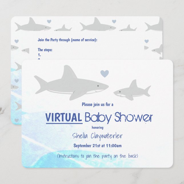 Virtual Baby Shower White Gray Blue Shark Cartoon Invitation (Front/Back)