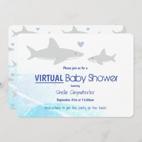 Virtual Baby Shower White Gray Blue Shark Cartoon Invitation