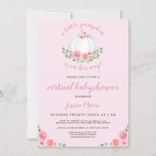 Virtual Baby Shower White Pumpkin Pink Roses Invitation