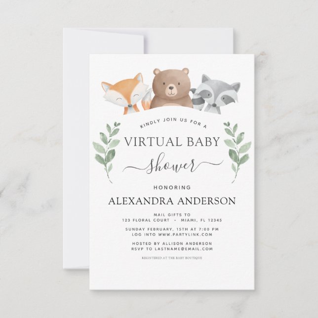 Virtual Baby Shower Woodland Eucalyptus Greenery Invitation (Front)