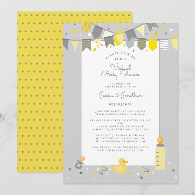 Virtual Baby Shower Yellow Gray Cute Banner Modern Invitation (Front/Back)
