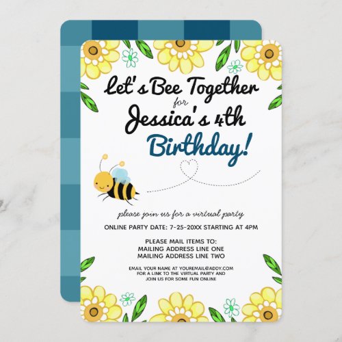 Virtual Bee Birthday Party by Mail Invitation