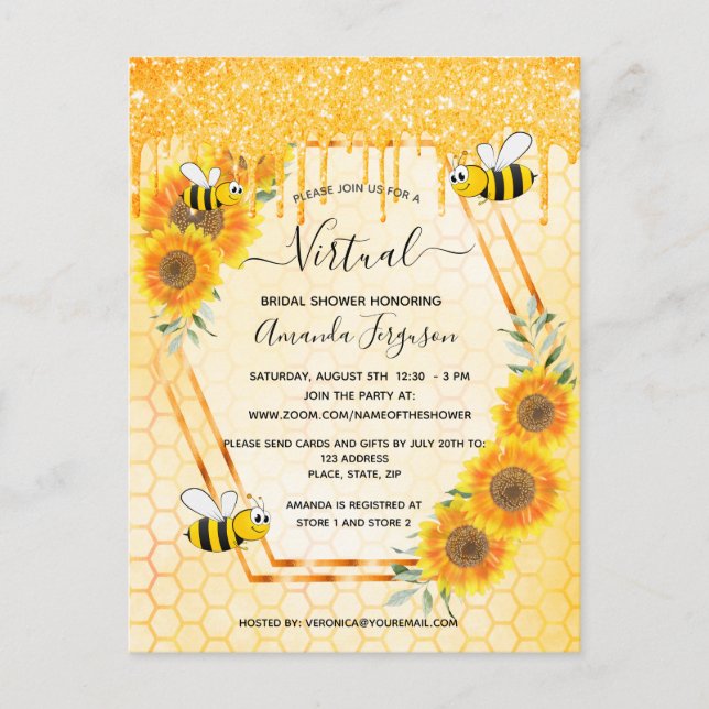 Virtual bee glitter drip sunflowers bridal shower postcard (Front)