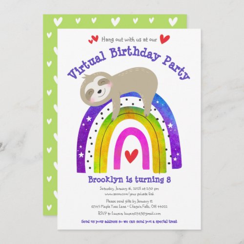 Virtual Birthday Cute Sloth Boho Rainbow Modern Invitation