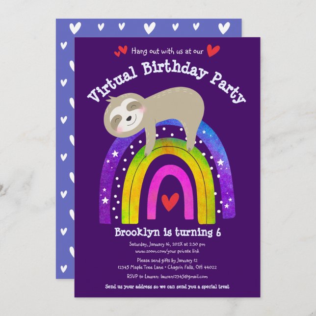Virtual Birthday Cute Sloth Modern Boho Rainbow Invitation (Front/Back)