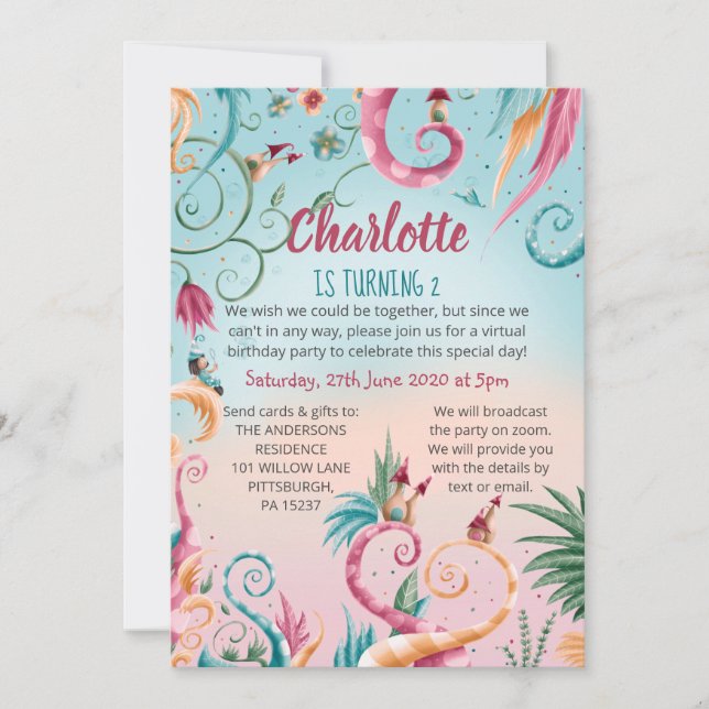 Virtual birthday, floral colorful whimsical houses invitation (Front)