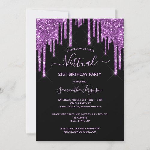 Virtual birthday glitter drip black purple glam invitation