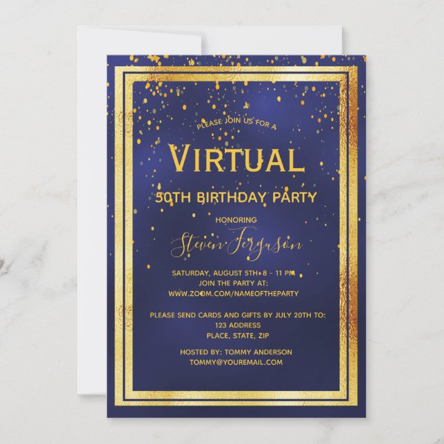 Virtual birthday party 50th blue gold confetti men invitation (Front)