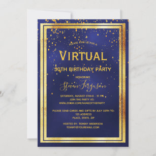 Virtual birthday party 50th blue gold confetti men invitation