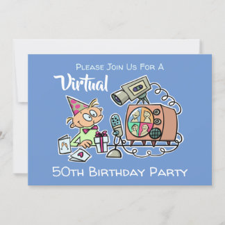 Virtual Birthday Party 50th Funny Cartoon Blue Men Invitation