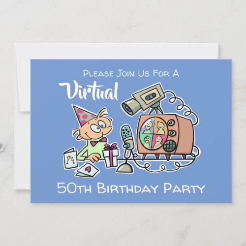 Virtual Birthday Party 50th Funny Cartoon Blue Men Invitation