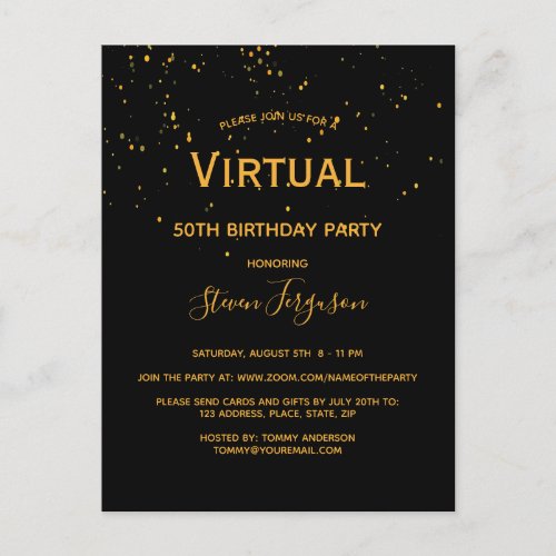 Virtual birthday party black gold invitation postcard