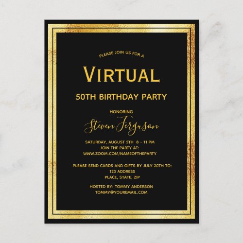 Virtual birthday party black gold invitation postcard