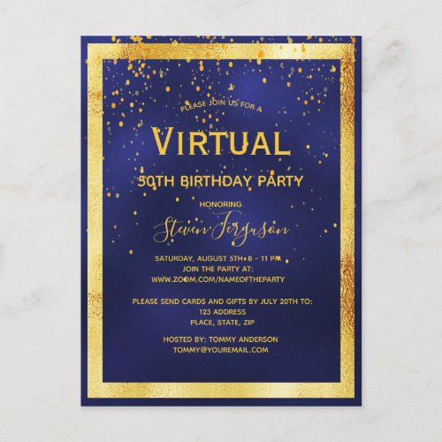 Virtual birthday party blue gold invitation postcard