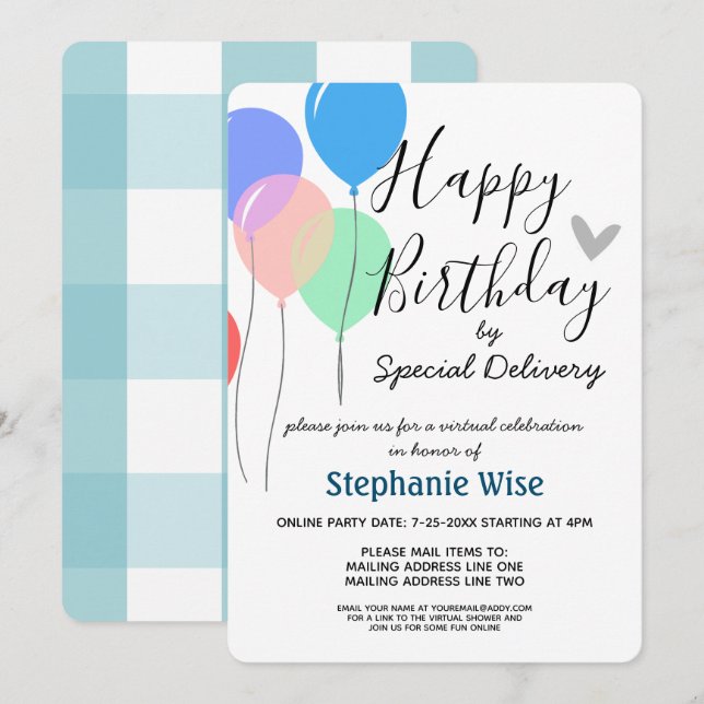 Virtual Birthday Party by Mail Balloons Invitation (Front/Back)