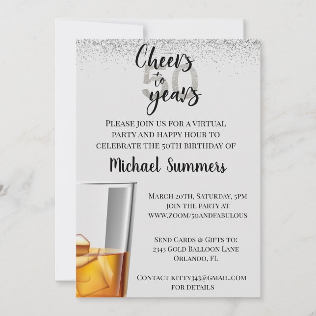Virtual Birthday Party Cheers to 50 Years Invitation (Front)