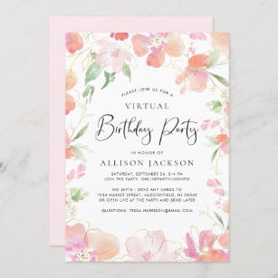 Virtual Birthday Party Floral Pink Gold Invitation