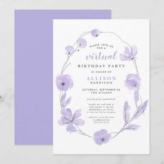 Virtual Birthday Party Floral Watercolor Lavender Invitation (Front/Back)