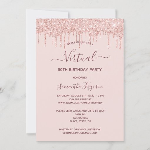 Virtual birthday party glitter photo rose gold invitation | Zazzle