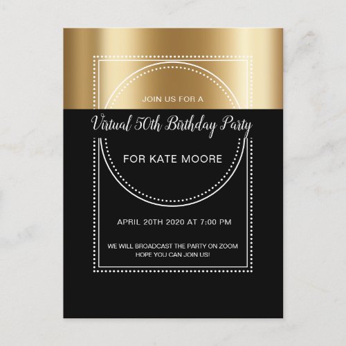 Virtual Birthday Party Metallic Gold On Black 50th Invitation Postcard