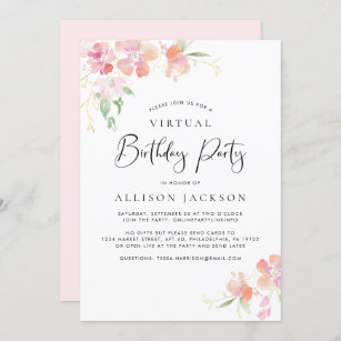 Virtual Birthday Party Modern Pink Gold Floral Invitation