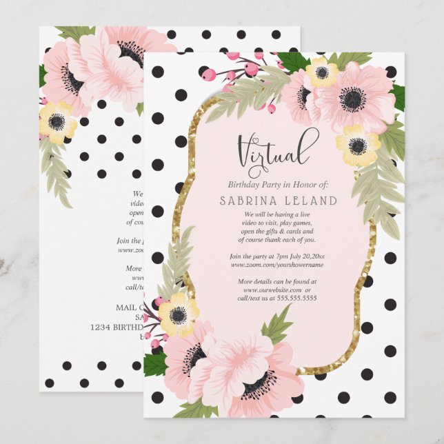 Virtual Birthday Party Pink and Yellow Poppies Invitation (Front/Back)