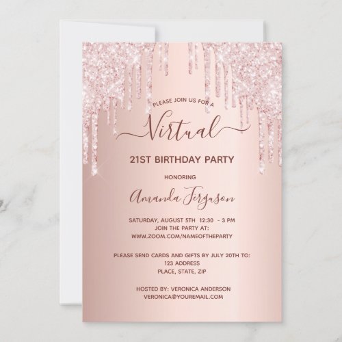 Virtual Birthday party rose gold glitter pink glam Invitation