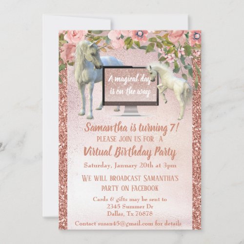 Virtual Birthday Party Rose Gold Unicorn Invitation