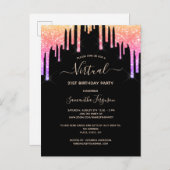 Virtual birthday rainbow glitter black invitation postcard (Front/Back)