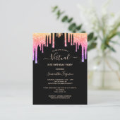 Virtual birthday rainbow glitter black invitation postcard (Standing Front)