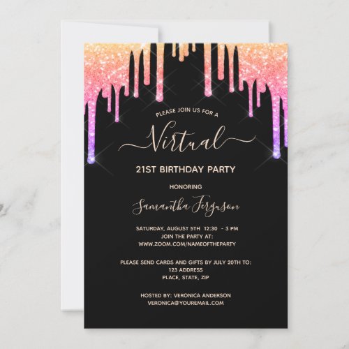 Virtual birthday rainbow glitter black rose gold invitation