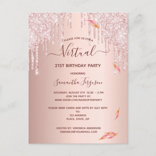 Virtual birthday rose gold glitter invitation postcard