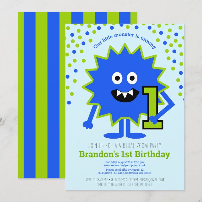 Virtual Blue Cute Little Monster Boy 1st Birthday Invitation (Front/Back)