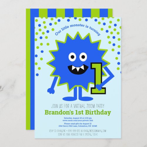 Virtual Blue Cute Little Monster Boy 1st Birthday Invitation